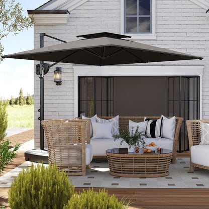 Outsunny Cantilever Parasol with Weighted Base Double Top Garden Parasol Square Hanging Patio Umbrella with Crank Tilt Dark Grey 