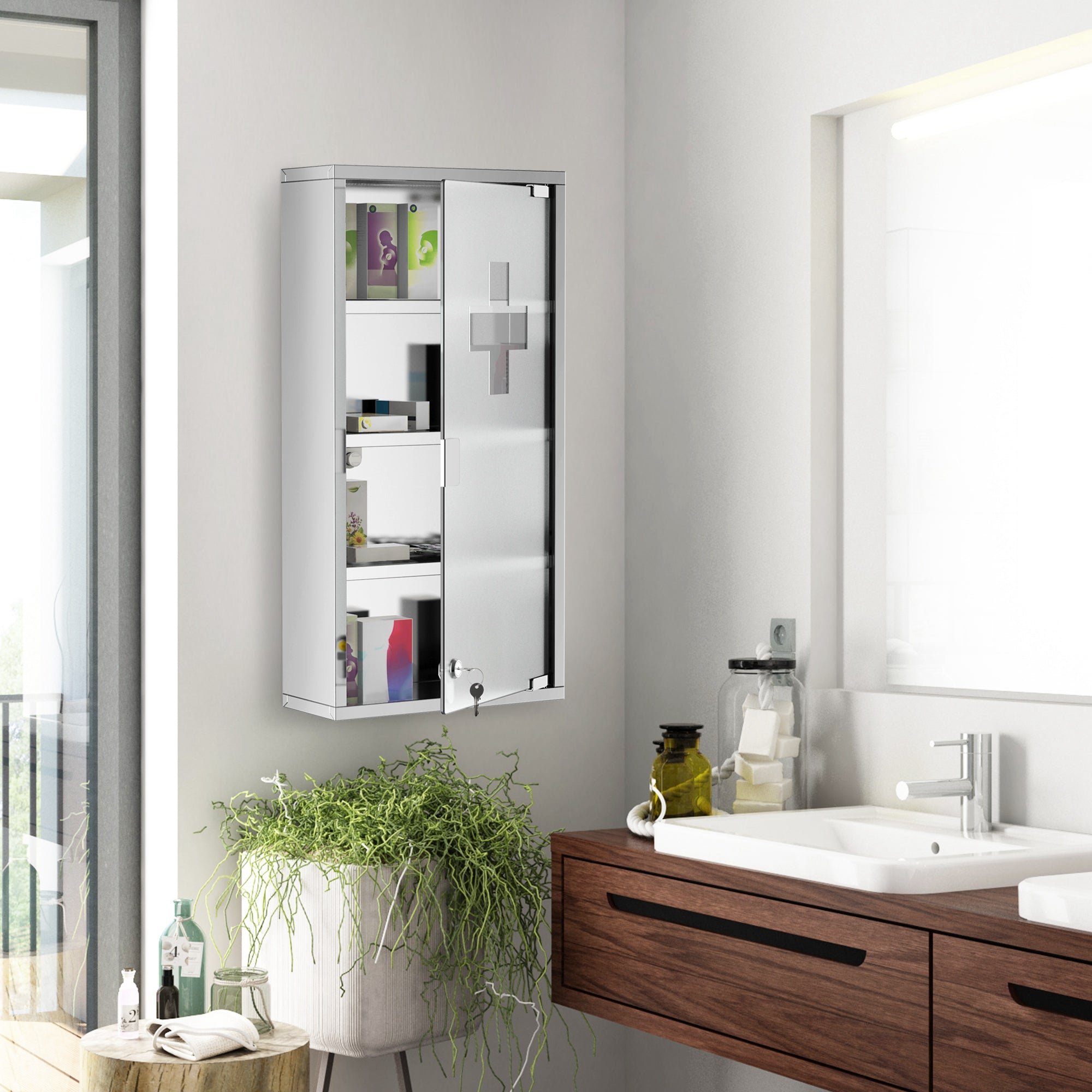 HOMCOM 4 Tier Stainless Steel Wall Mounted Medicine Cabinet Glass Lockable Door Storage Shelves Houseware Bathroom Furniture 60Hx30Wx12D(cm) w/2 Keys 