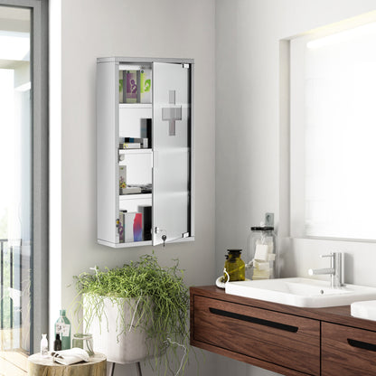 HOMCOM 4 Tier Stainless Steel Wall Mounted Medicine Cabinet Glass Lockable Door Storage Shelves Houseware Bathroom Furniture 60Hx30Wx12D(cm) w/2 Keys 