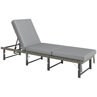 Outsunny Single Folding Rattan Sun Lounger, with Cushion - Grey 