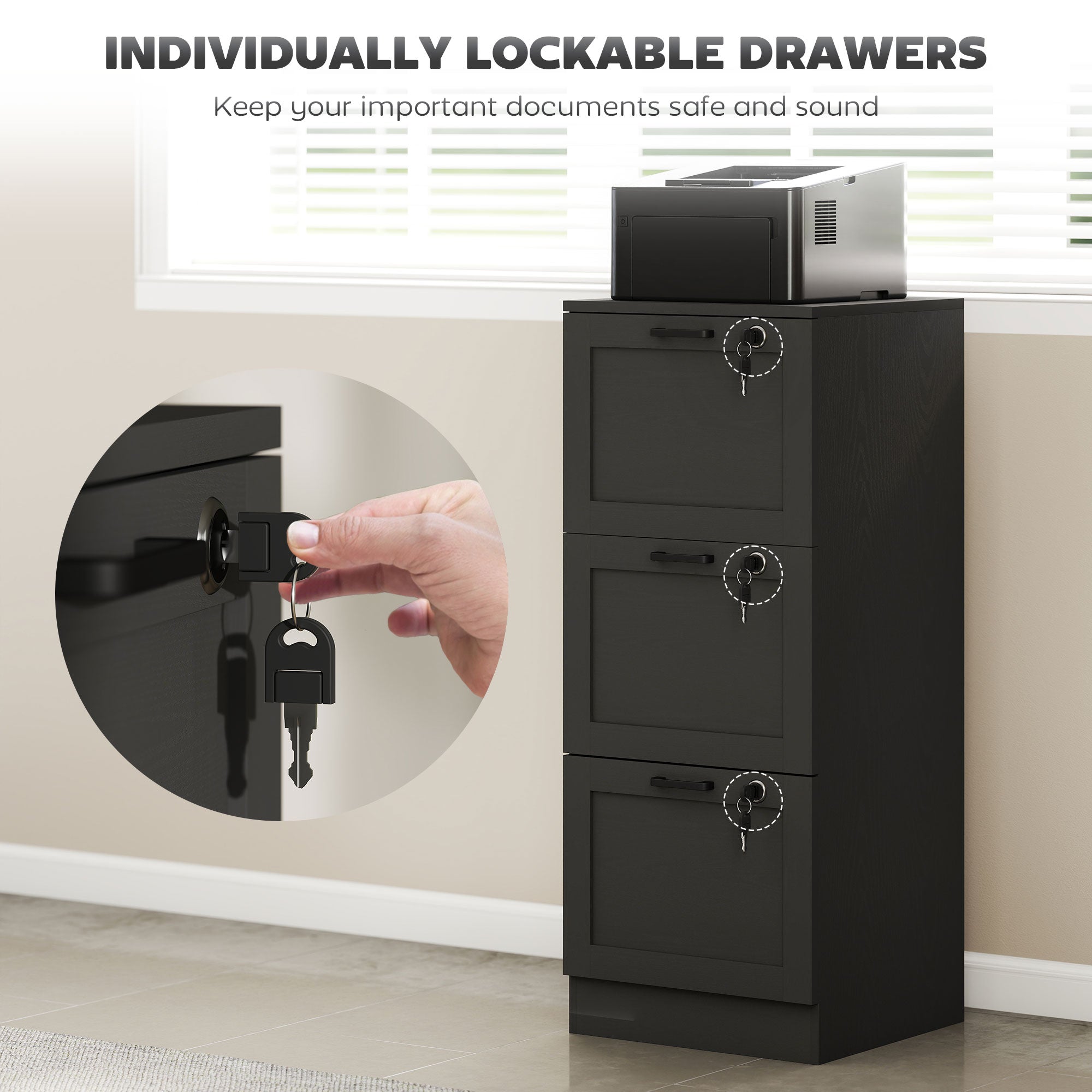 HOMCOM 3-Drawer Filing Cabinet with Lock - Black 