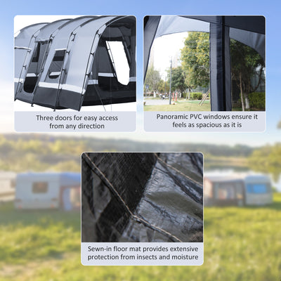 Outsunny 8-Person Camping Tent, Waterproof Family Tent, Tunnel Design, 4 Large Windows, Sleeping Cabins 3000mm Water Column Grey 