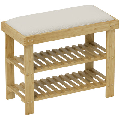 HOMCOM Bamboo Shoe Storage Bench, 3-Tier Shoe Bench with Seat Cushion, Shoe Rack for Entryway, Hallway, Living Room, Bedroom, Cream White 