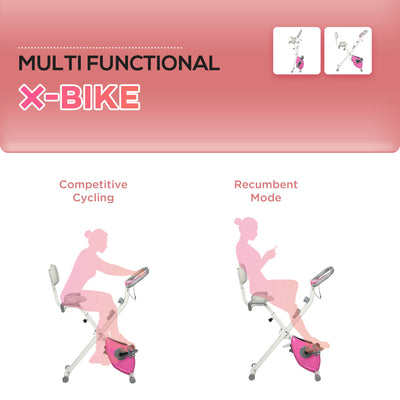 HOMCOM Folding Exercise Bike, with Adjustable Magnetic Resistance, Seat Height - White and Pink 