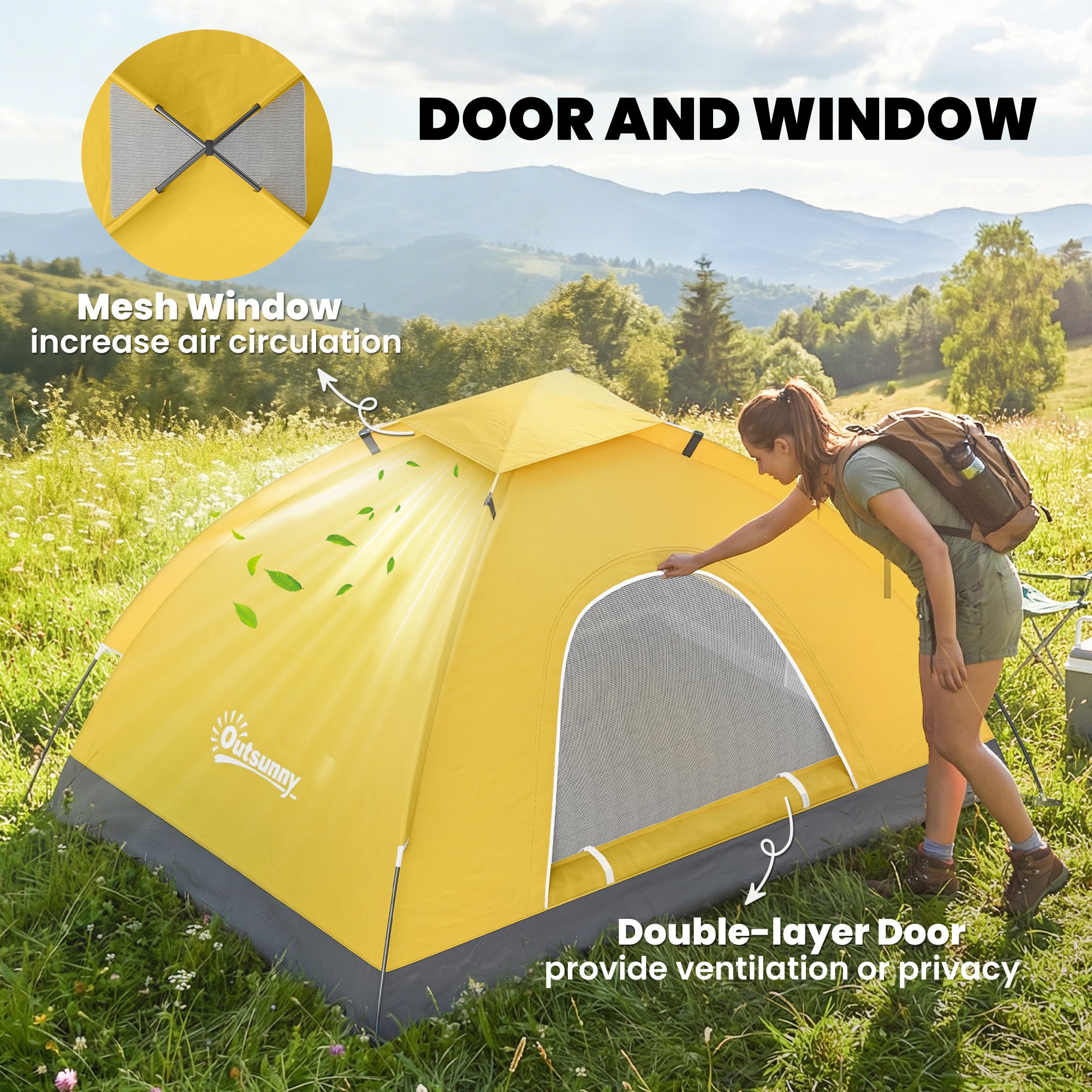 Outsunny 2 Person Camping Tent, Dome Tent with Zipped Doors, Storage Pocket, Portable Handy Bag, Yellow 