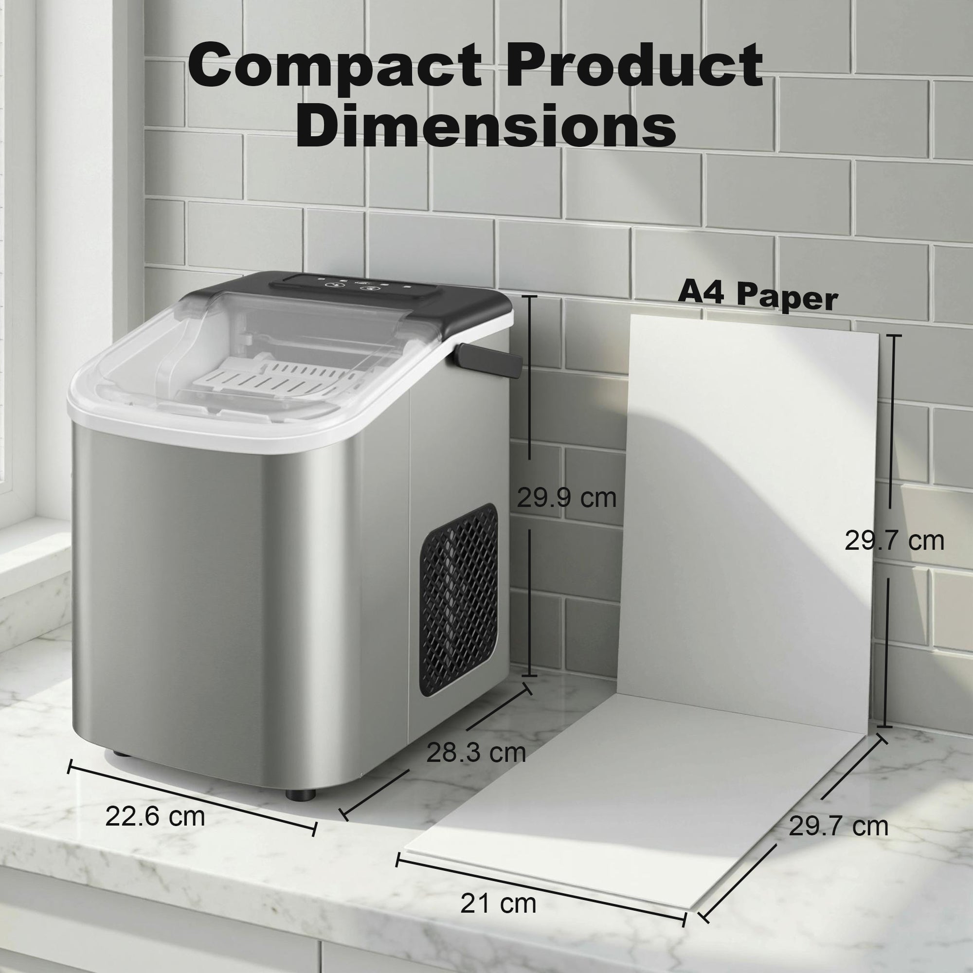 HOMCOM Ice Maker Machine Countertop, 9 Cubes Ready in 7 Mins, 12 KG in 24Hrs, 2 Sizes of Bullet, Self-Cleaning Ice Machine with Portable Handle, Scoop and Basket for Home Kitchen Office RV 