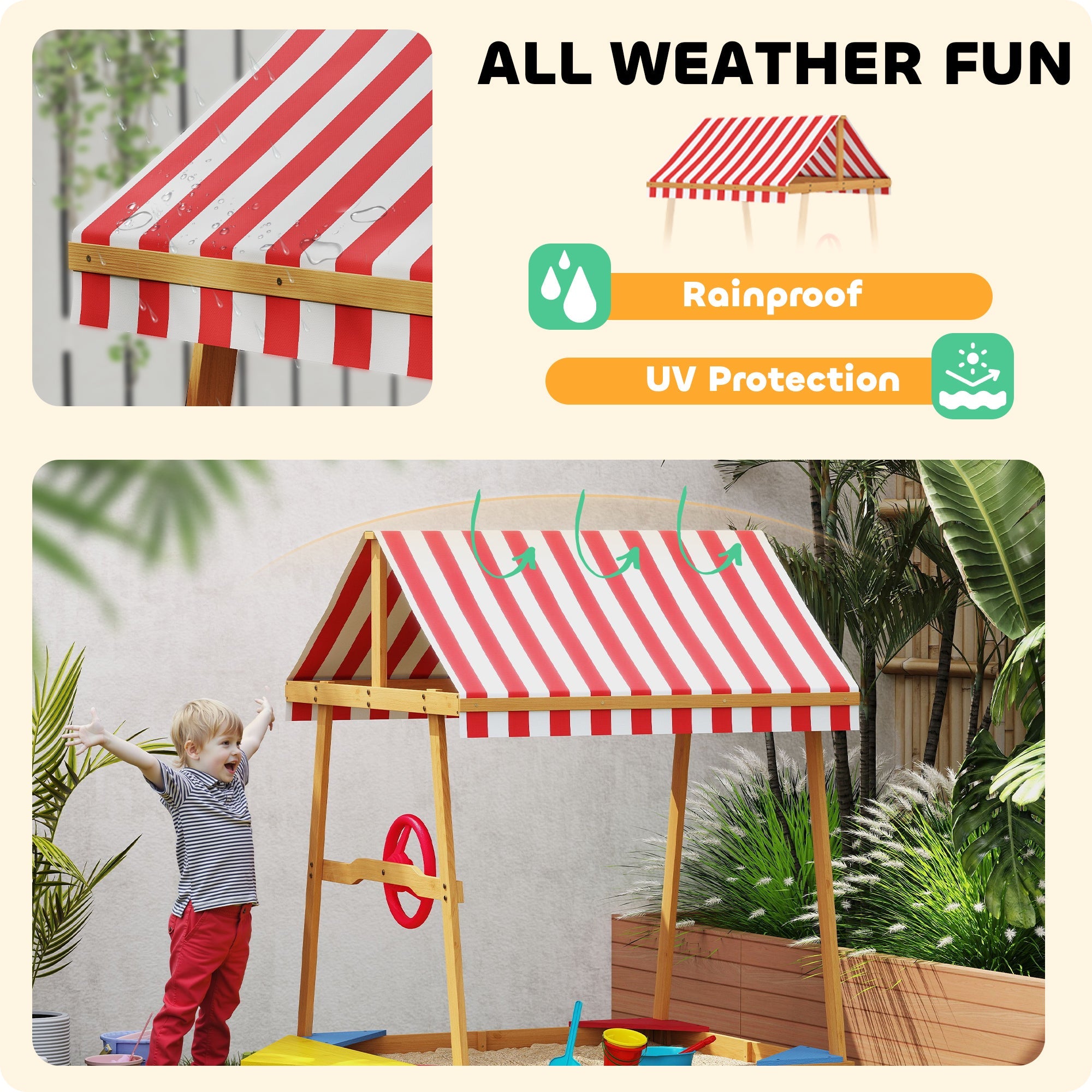 AIYAPLAY Wooden Kids Sandpit Boat Style with Canopy, 4 Seats, Rudder, Bottom Liner, for Children 3-8 Years, Yellow 
