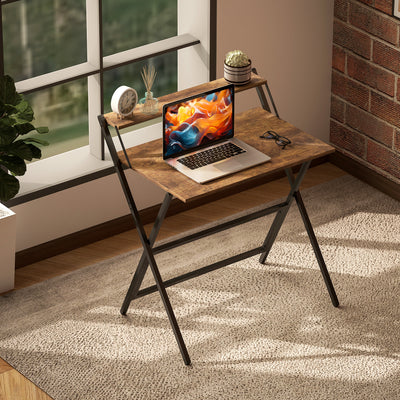 HOMCOM 81.5 cm Folding Computer Desk with Monitor Shelf - Rustic Brown 