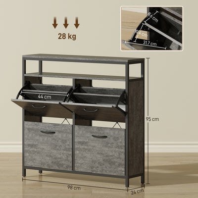 HOMCOM Shoe Storage Cabinet with 4 Flip Drawers and Open Shelf - Cement Grey 