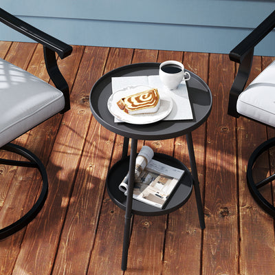 Outsunny Round Garden Table, 2-Tier Small Side Table, Metal Patio Table Coffee Table Dining Table for Porch Deck Balcony, Black 