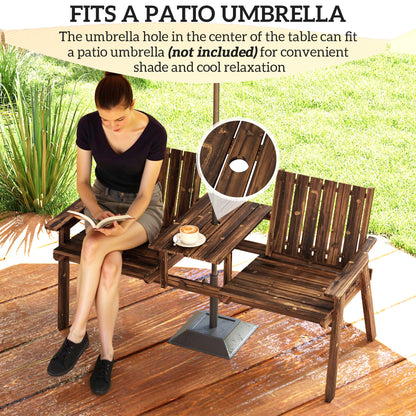 Outsunny 2-Seater Garden Bench with Table & Parasol Hole, Antique Loveseat for Porch, Patio, Carbonised Finish 