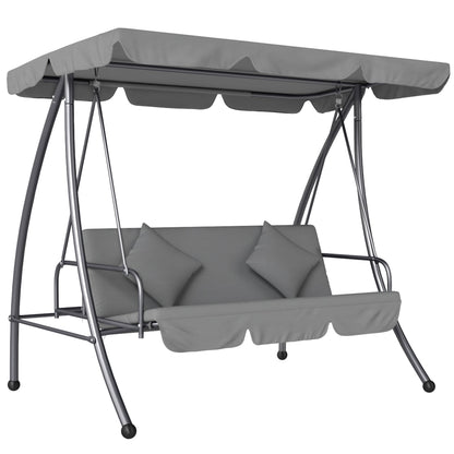 Outsunny Outdoor 2-in-1 Swing Chair Lounger 3 Seater Garden Swing Seat Bed Convertible Tilt Canopy W/ Cushion, Light Grey 