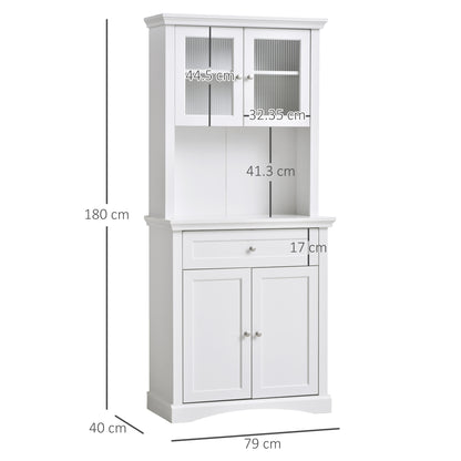 HOMCOM Kitchen Cupboard, Freestanding Storage Cabinet with Glass Doors, Adjustable Shelves, and Open Counter, White 