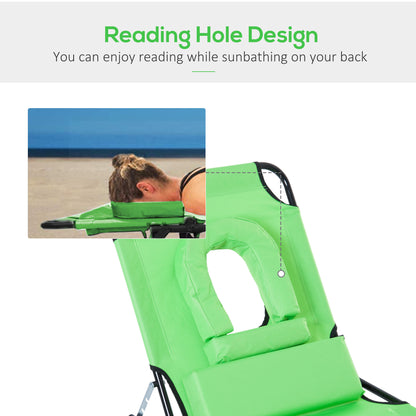 Outsunny Outdoor Foldable Sun Lounger, 4 Level Adjustable Backrest Reclining Sun Lounger Chair with Pillow and Reading Hole, Green 