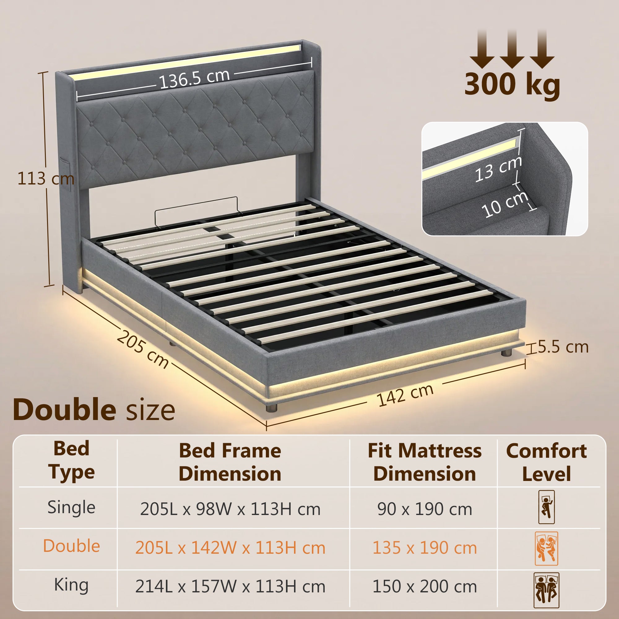 HOMCOM 4ft6 Double Bed Frame with Headboard, Platform Bed Frame with Hydraulic Storage, LED Lights and Charging Station, Grey 