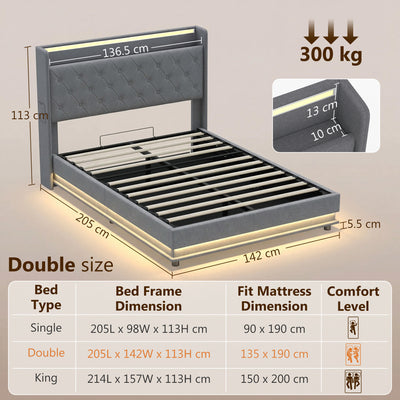 HOMCOM 4ft6 Double Bed Frame with Headboard, Platform Bed Frame with Hydraulic Storage, LED Lights and Charging Station, Grey 