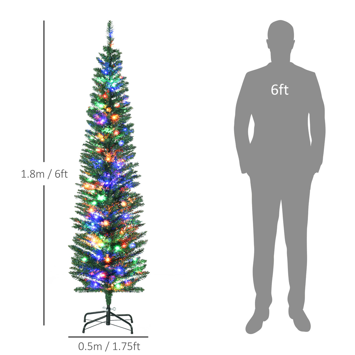 HOMCOM 6' Artificial Prelit Christmas Trees Holiday D\'c3\'a9cor with Colourful LED Lights, Pencil Shape, Steel Base 