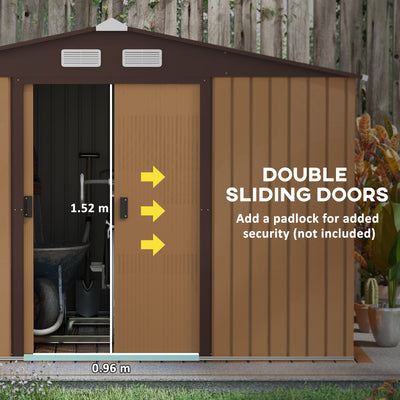 Outsunny 9 x 6ft Metal Garden Shed, Outdoor Storage Tool House with Ventilation Slots, Foundation Kit and Lockable Double Doors, Light Brown 