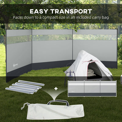 Outsunny Camping Windbreaker with Clear Windows, Carry Bag and Steel Poles, for Beach Caravan Campervan, 440 x 140cm, Grey 