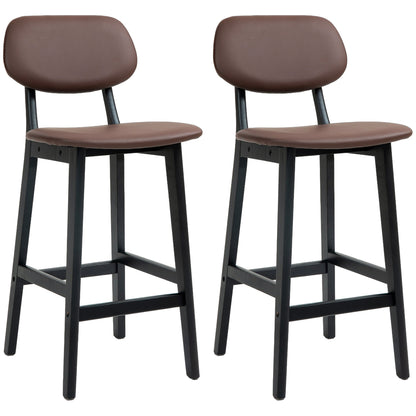 HOMCOM Bar Stools Set of 2, Contemporary Breakfast Bar Chairs, Faux Leather Upholstered Kitchen Stools with Backs and  Solid Wood Legs, Brown
