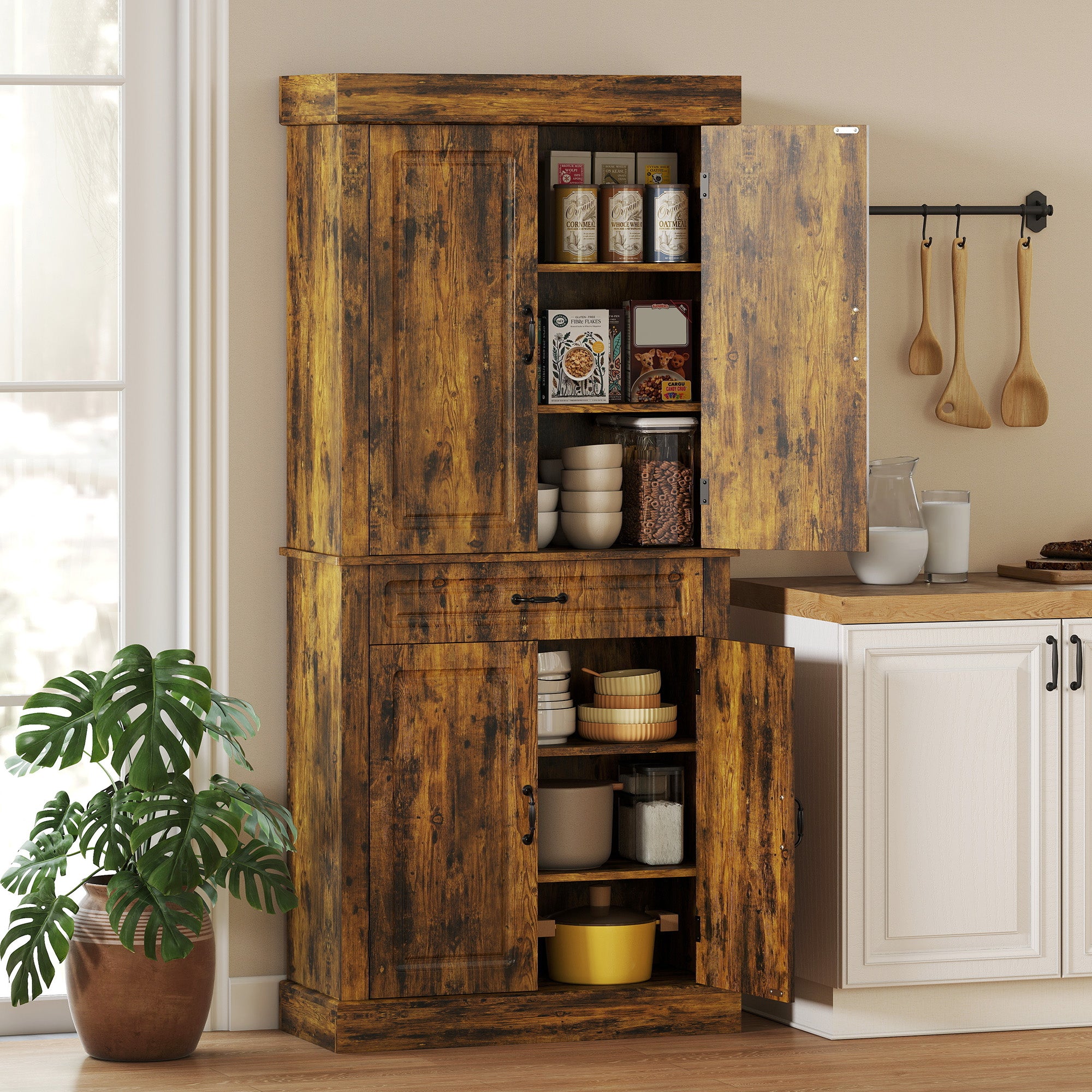 HOMCOM Tall Kitchen Cupboard, Kitchen Pantry Cabinet with Drawer, Shelves, Brown 