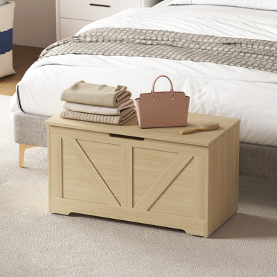 HOMCOM 100L Home Storage Box, with Safety Hinges - Natural Wood Finish 