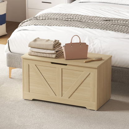 HOMCOM 100L Home Storage Box, with Safety Hinges - Natural Wood Finish