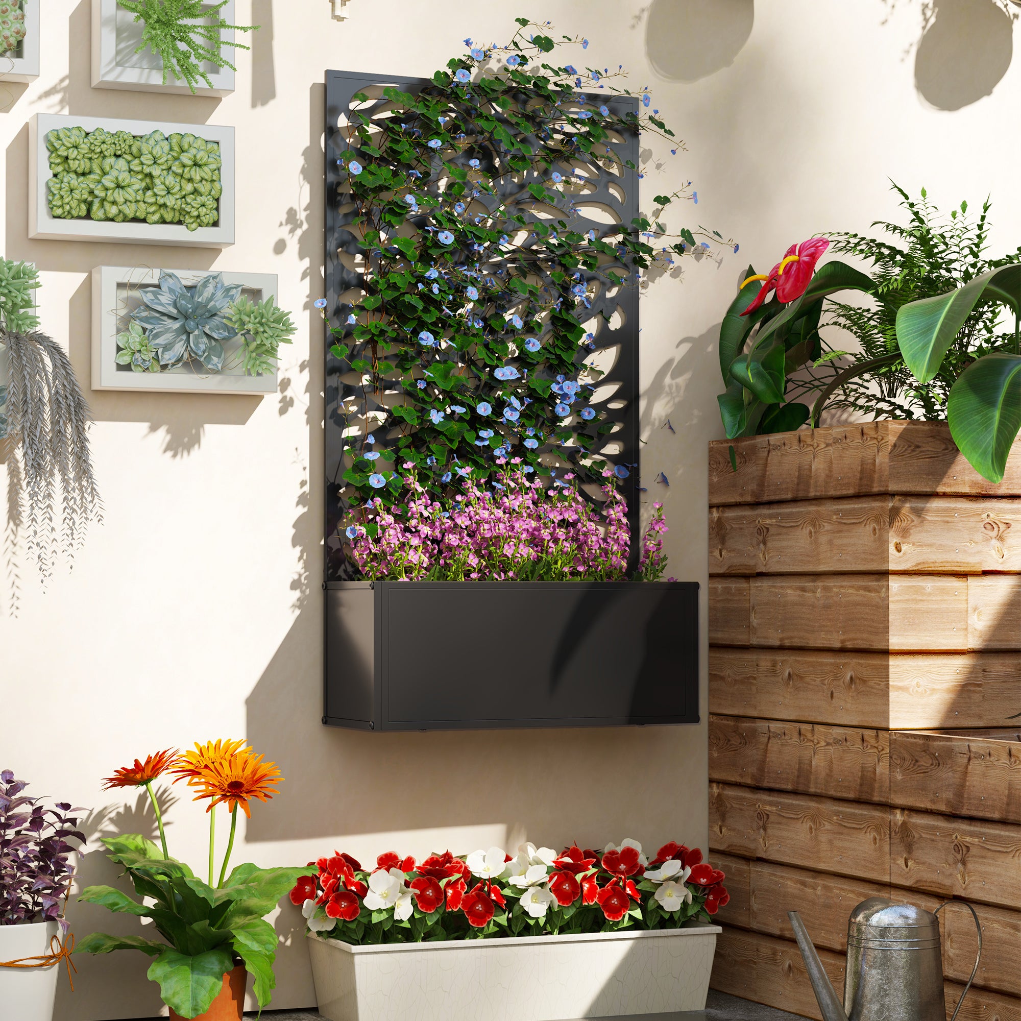 Outsunny Outdoor Metal Planter, with Back Trellis - Black 