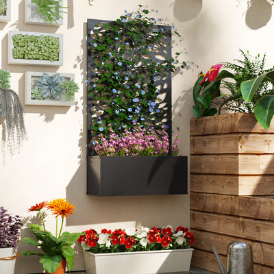 Outsunny Outdoor Metal Planter, with Back Trellis - Black 