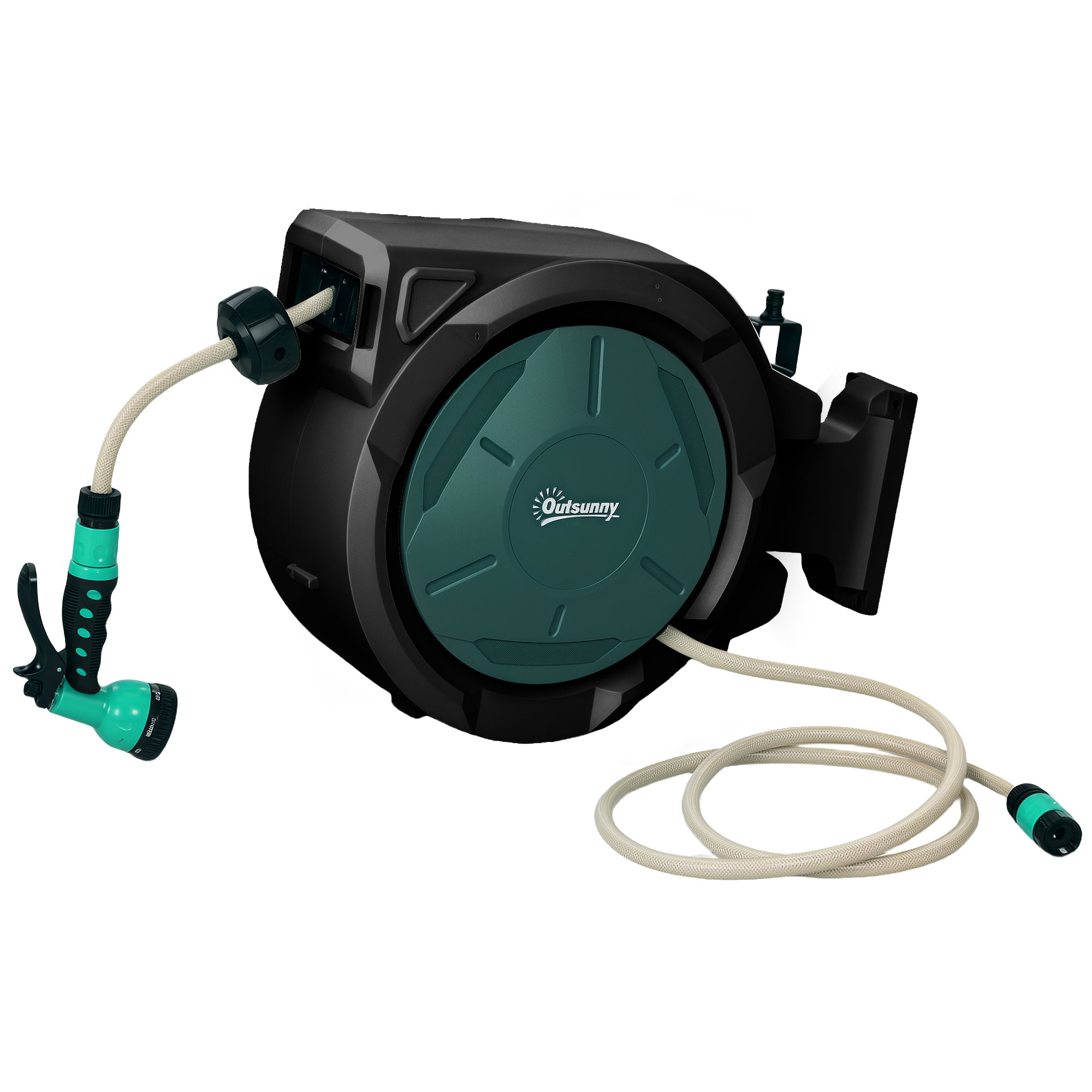 Outsunny Retractable Hose Reel Wall Mounted, 30+2m Garden Hose Pipe Reel with Lock, Auto Rewind, 7 in 1 Spray Nozzle, Includes Wall Fixings, 180° Swivel, Outdoor Watering, 59 x 23 x 42 cm, Green 
