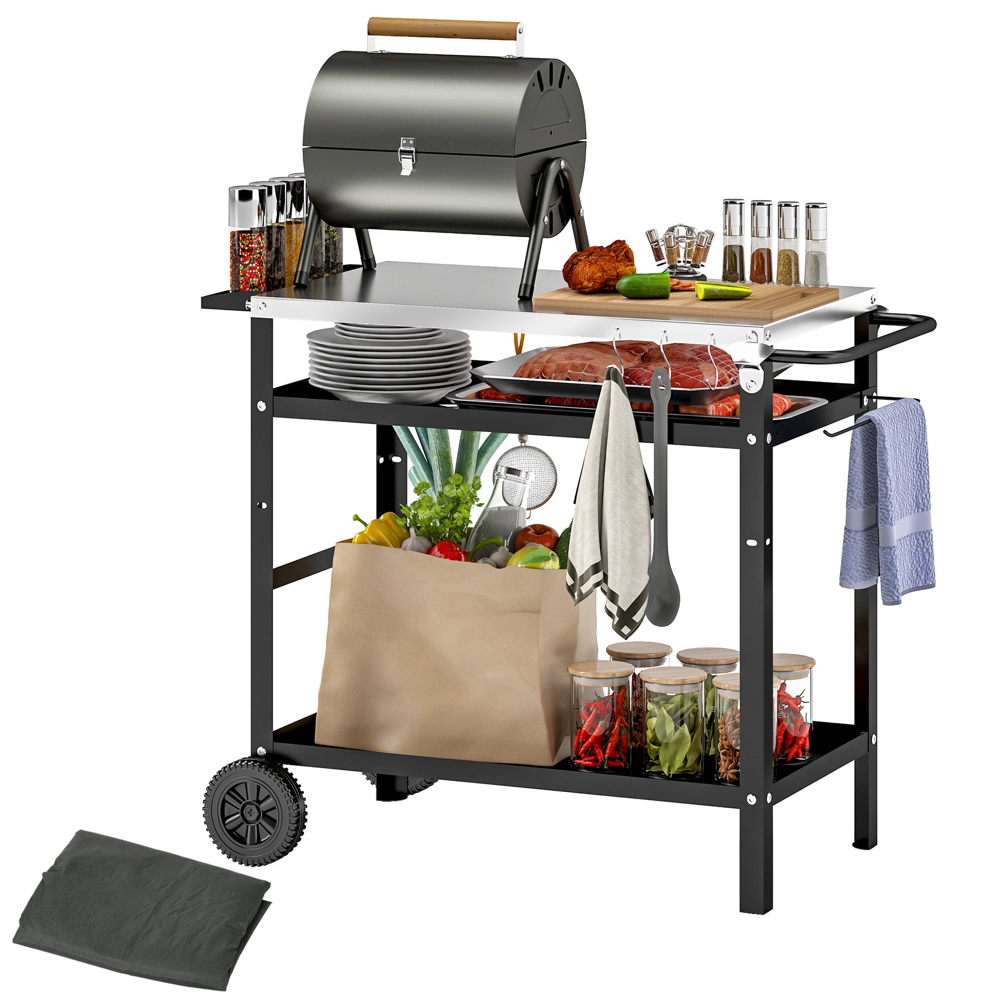 Outsunny BBQ Trolley with Stainless Steel Top Adjustable Shelf, Outdoor Kitchen BBQ Station with Hooks Seasoning Tray Towel Rack, Pizza Oven Table Movable Outdoor Grill Dining Cart with Cover, Black 