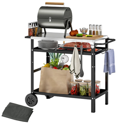 Outsunny BBQ Trolley with Stainless Steel Top Adjustable Shelf, Outdoor Kitchen BBQ Station with Hooks Seasoning Tray Towel Rack, Pizza Oven Table Movable Outdoor Grill Dining Cart with Cover, Black 