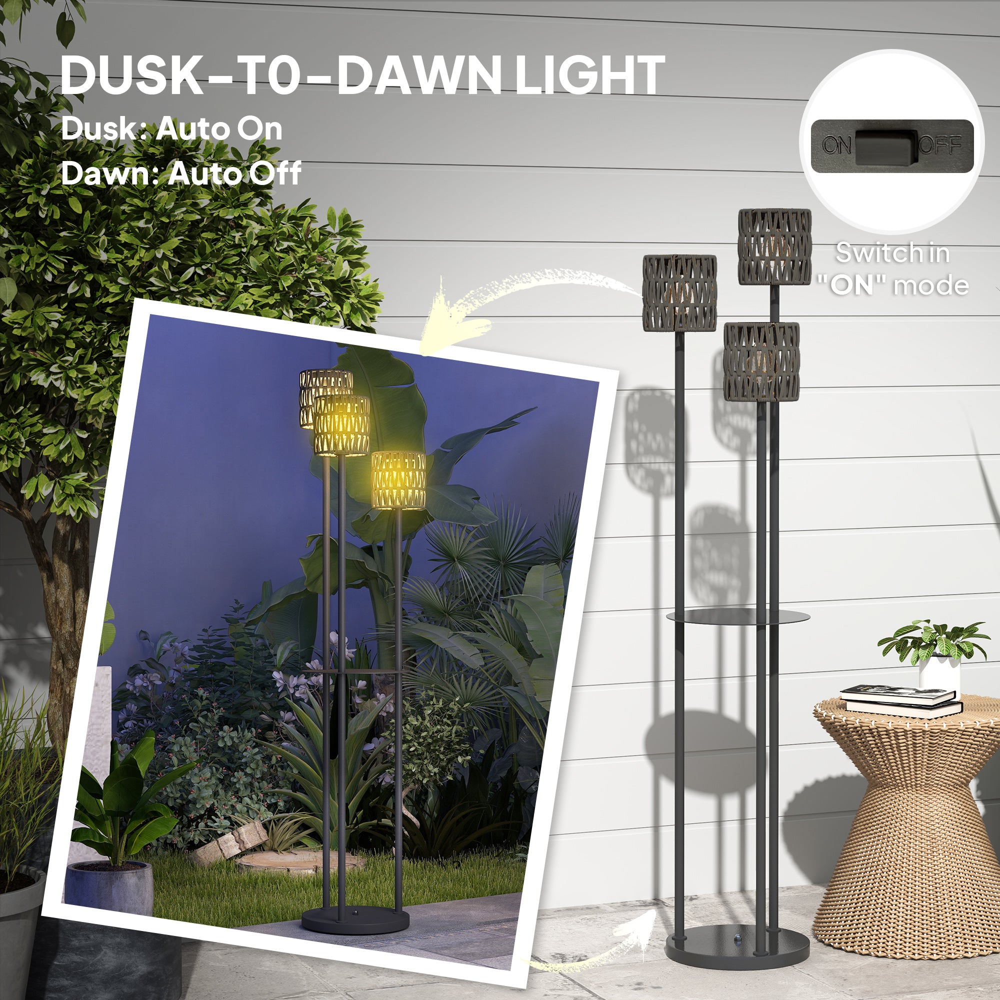 Outsunny Boho Rattan Floor Lamp, 3-Lights Rattan Lamp with Shelf, Freestanding Solar Garden Light with Auto On/Off Lights, Grey 