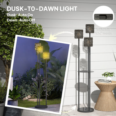 Outsunny Boho Rattan Floor Lamp, 3-Lights Rattan Lamp with Shelf, Freestanding Solar Garden Light with Auto On/Off Lights, Grey 