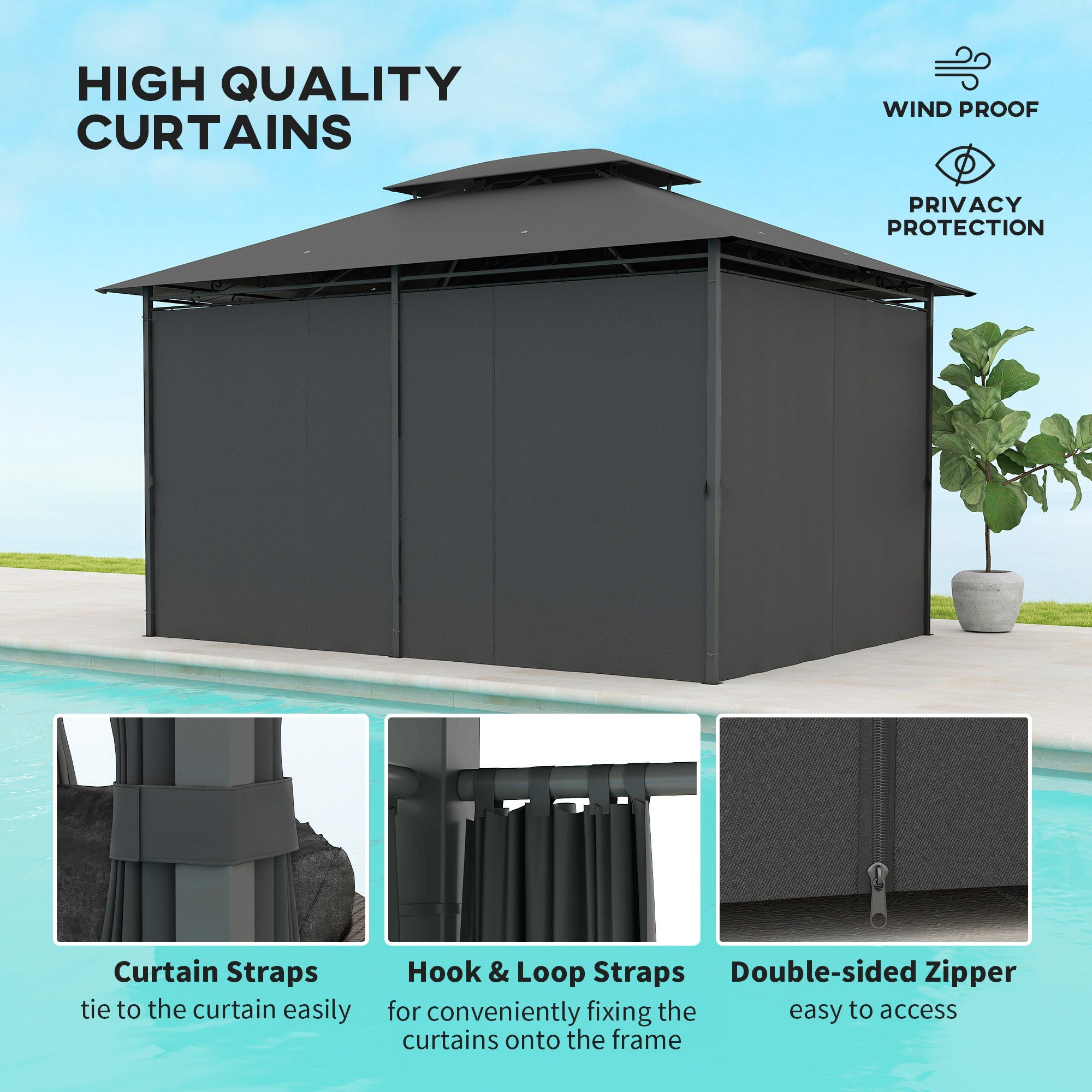 Outsunny 3 x 4m Steel Gazebo, with Curtains - Black 