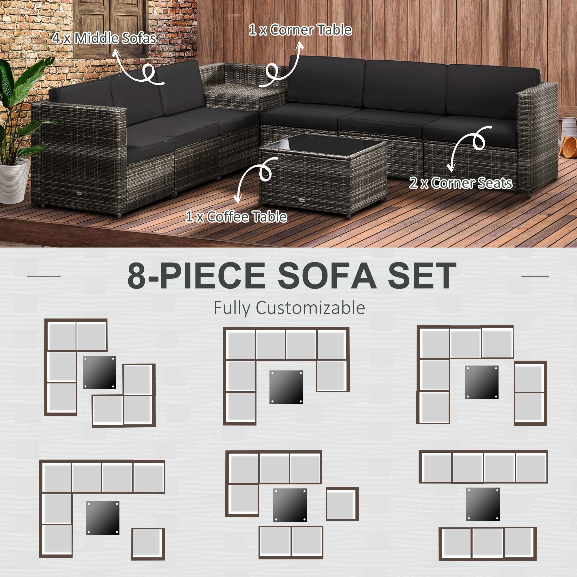 Outsunny 6-Seater Rattan Sofa Furniture Set W/ Cushions, Steel Frame-Grey 