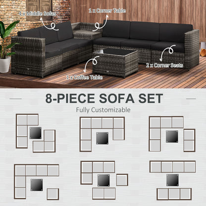 Outsunny 6-Seater Rattan Sofa Furniture Set W/ Cushions, Steel Frame-Grey 