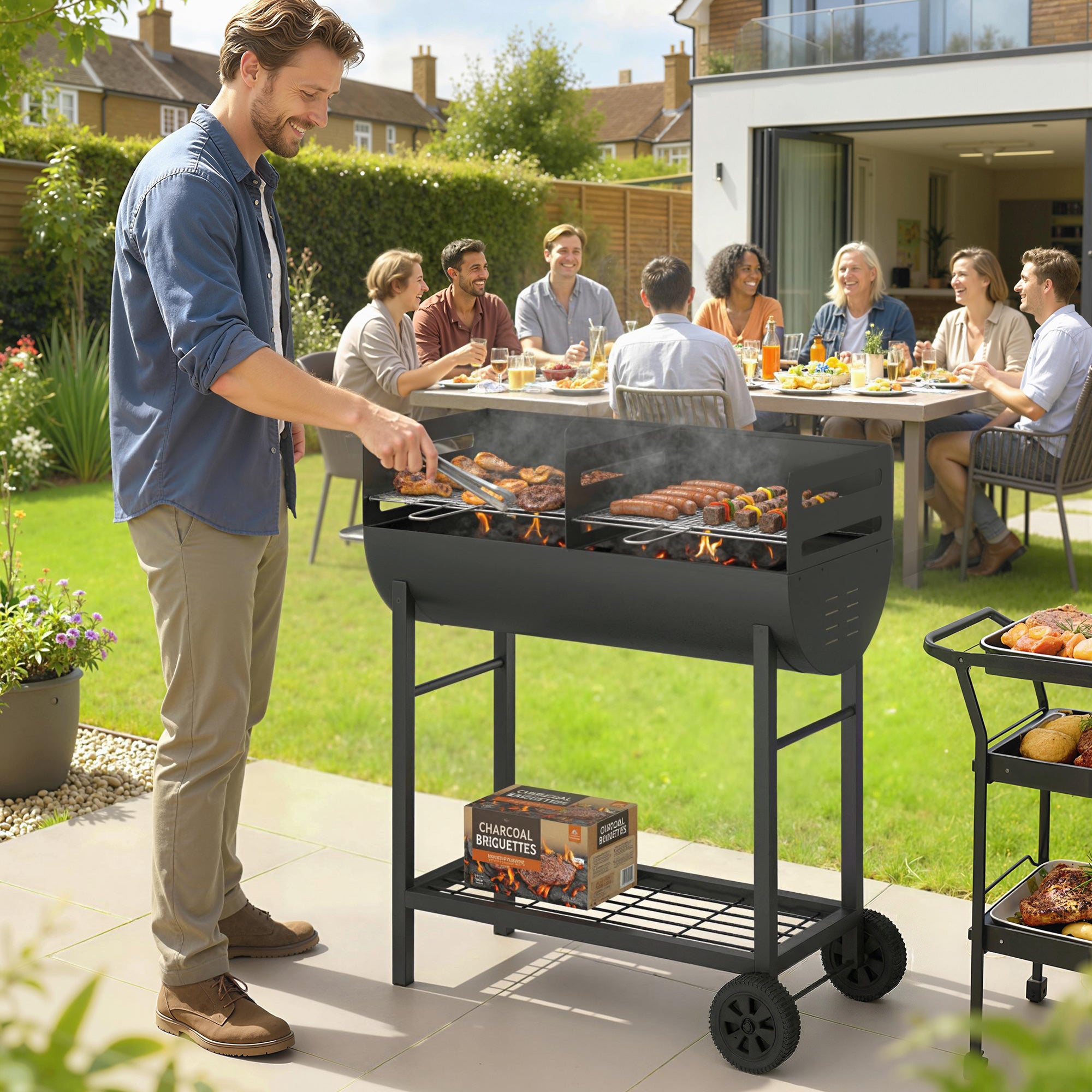Outsunny Charcoal Barbecue Grill with 2 Cooking Areas, Portable BBQ Trolley with Wheels, Height Adjustable Grates, Bottom Shelf 