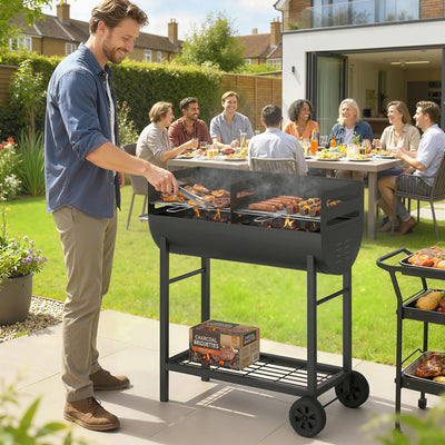 Outsunny Charcoal Barbecue Grill with 2 Cooking Areas, Portable BBQ Trolley with Wheels, Height Adjustable Grates, Bottom Shelf 