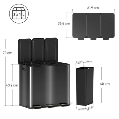 HOMCOM 3 x 15L Pedal Bin, Steel Triple Kitchen Bin with Soft Close Lid, Removable Inner Buckets, Fingerprint-Proof, Black 