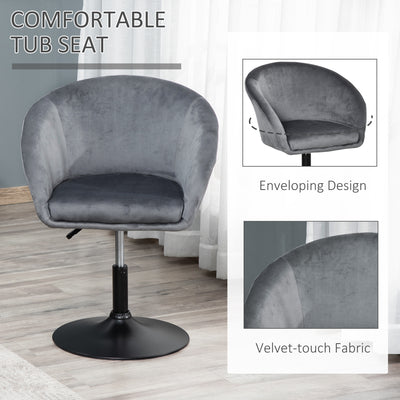 HOMCOM Dressing Table Chair, 360° Swivel Velvet-feel Upholstered Vanity Chair with Tub Seat, Back, Adjustable Height for Bedroom Makeup, Grey 