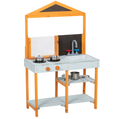 AIYAPLAY Mud Kitchen for Kids, Outdoor Wooden Play Kitchen with Sink, Stove, Cookware, Shelves, Pretend Play Toy for Ages 3-8 
