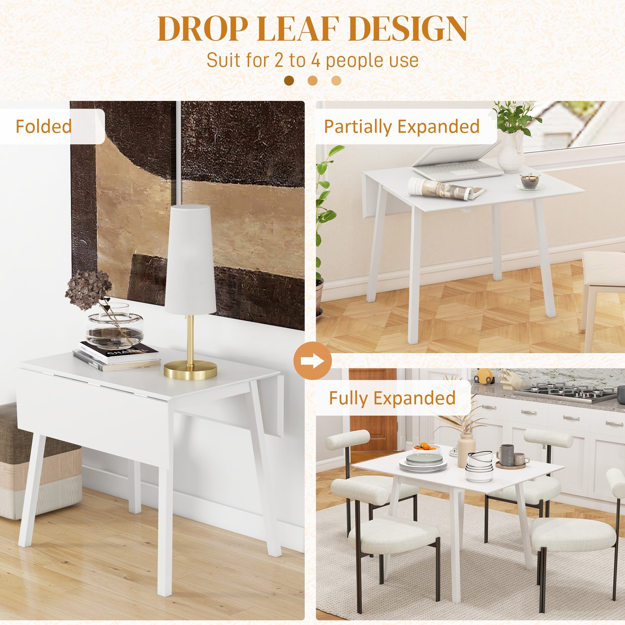 HOMCOM Solid Wood Folding Dining Table, Drop Leaf Table for 2-4 People, Rectangle Kitchen Table for Small Space, White 