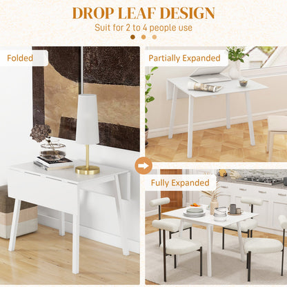 HOMCOM Solid Wood Folding Dining Table, Drop Leaf Table for 2-4 People, Rectangle Kitchen Table for Small Space, White 