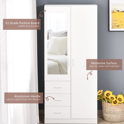 HOMCOM Modern Mirror Wardrobe 2 Door Storage Cupboards Home Storage Organisation Furniture with Adjustable Shelf, Hanging Rail and 3 Drawers, 180cm, White 