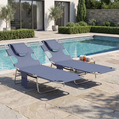 Outsunny 5-Position Adjustable Sun Loungers Set of 2 with Reading Hole and Side Pocket, Grey 
