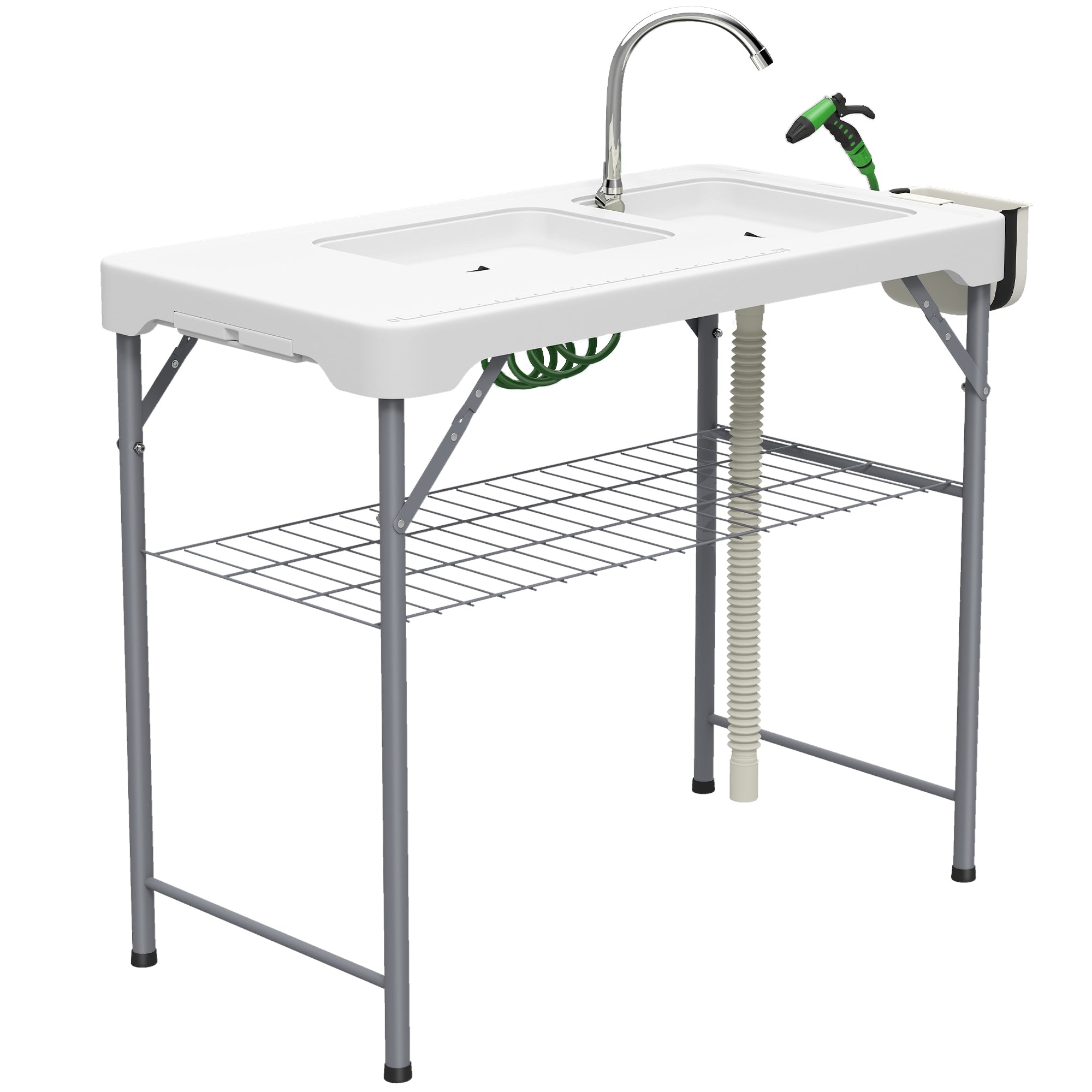 Outsunny Folding Fish Cleaning Table with Sinks, Portable Camping Sink Table with Faucet, Drainage Hose 