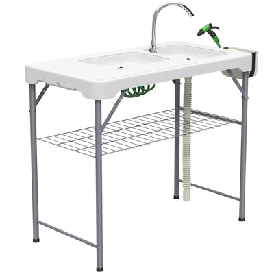 Outsunny Folding Fish Cleaning Table with Sinks, Portable Camping Sink Table with Faucet, Drainage Hose 