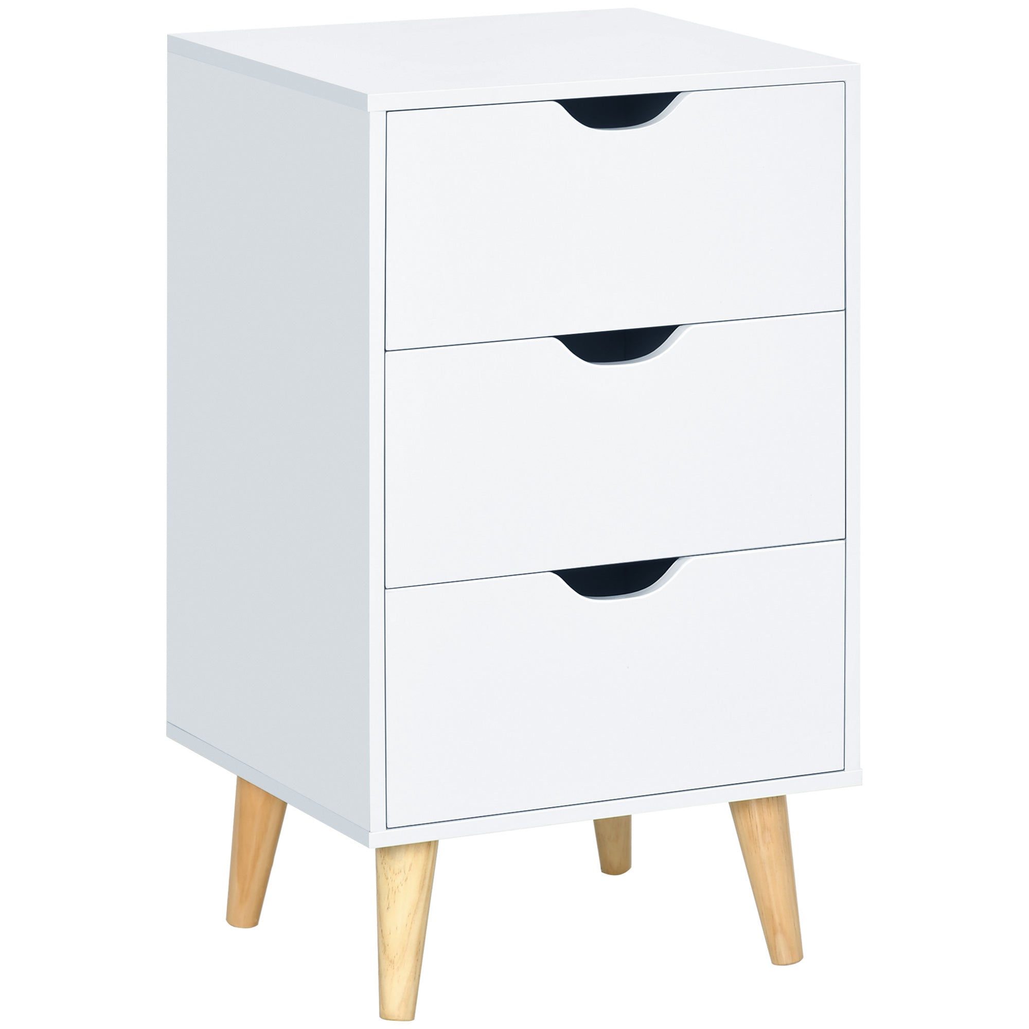 HOMCOM Bedside Table, Bedside Cabinet with 3 Drawers, Small Side Table with Wood Legs and Cut-out Handles for Bedroom, Cream White 