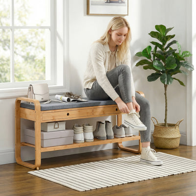 HOMCOM Shoe Bench with 2 Drawers Cushioned Seat Shoe Storage Bench for Hallway 105 cm Natural and Grey